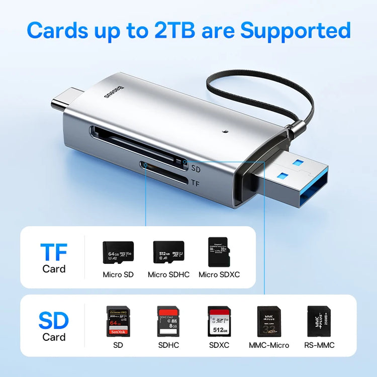 Dual-interface Baseus card reader with USB-C and USB 3.0 connectors