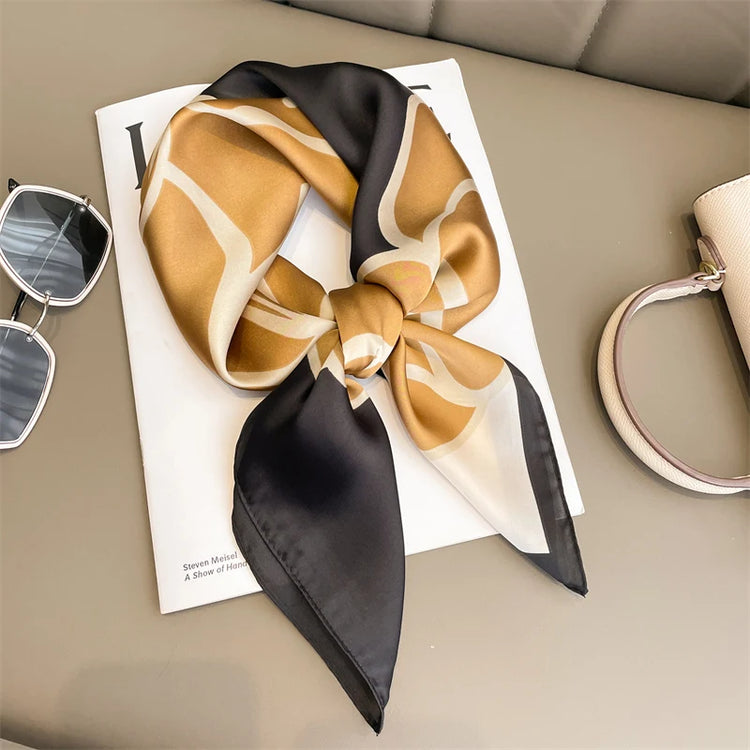Luxury brand silk plaid square scarf for women, styled as a neck or hair tie