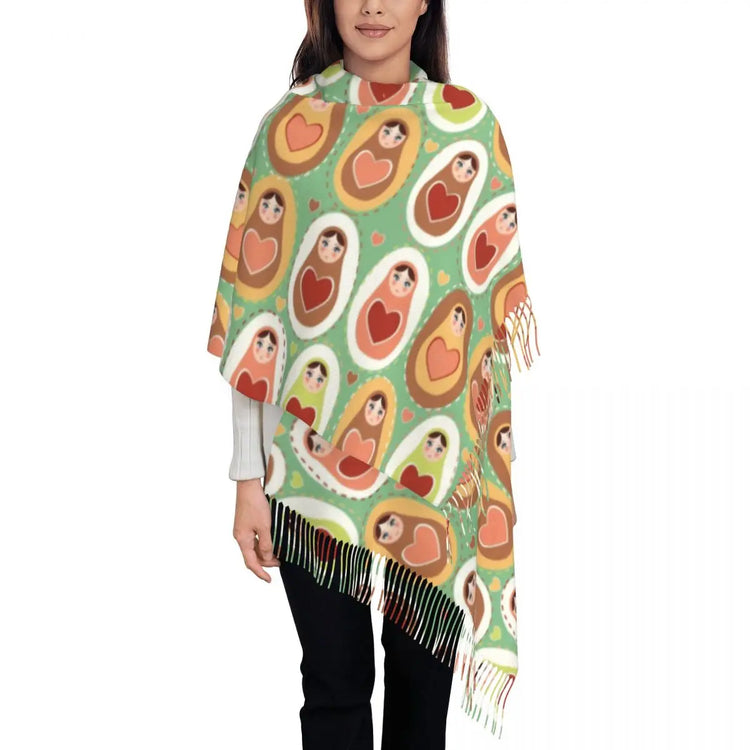 Soft and cozy scarf with colorful Matryoshka doll design