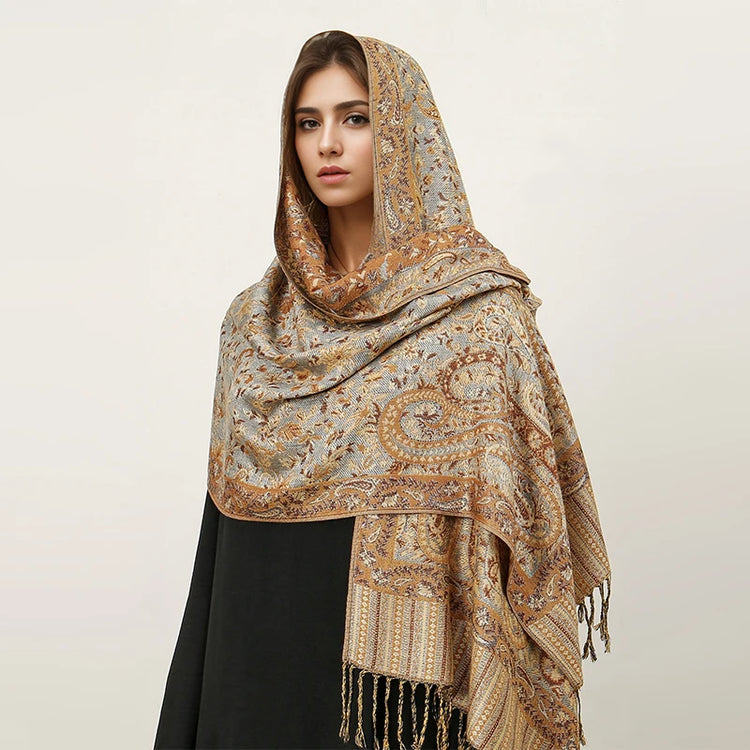 Soft and warm cashmere hijab with bohemian print, styled as a headscarf or wrap