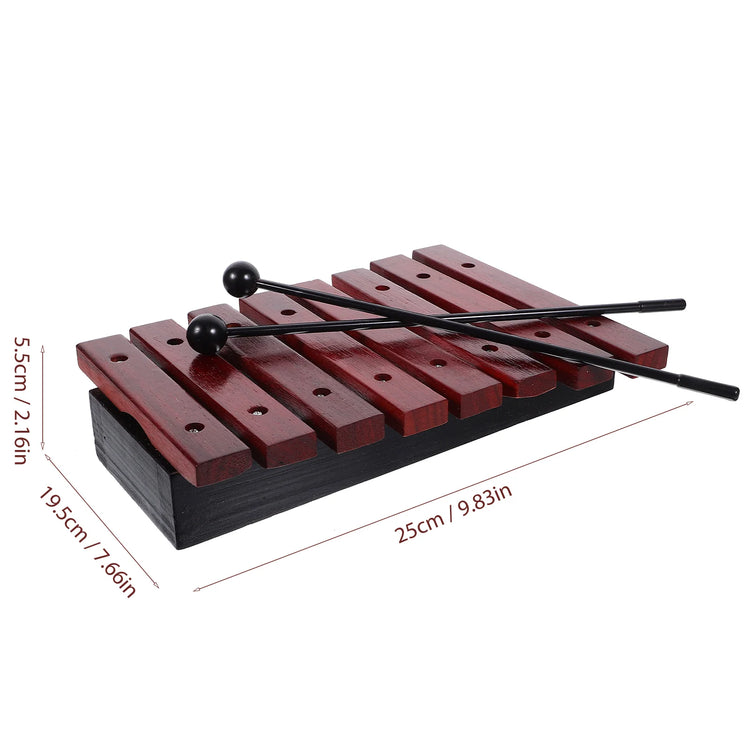Children’s wooden xylophone featuring eight tuned metal bars and two wooden mallets