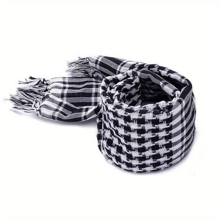 Arab shemagh scarf with traditional houndstooth pattern, styled as a face and neck wrap for sun protection