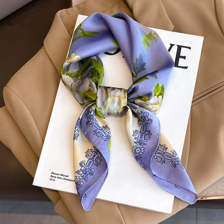 Luxury brand silk plaid square scarf for women, styled as a neck or hair tie