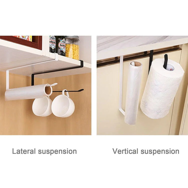Compact kitchen rack for organizing paper towels, plastic wrap, and rags