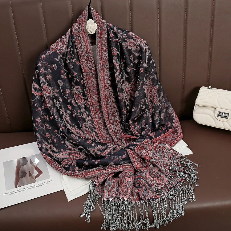 Soft and warm cashmere hijab with bohemian print, styled as a headscarf or wrap