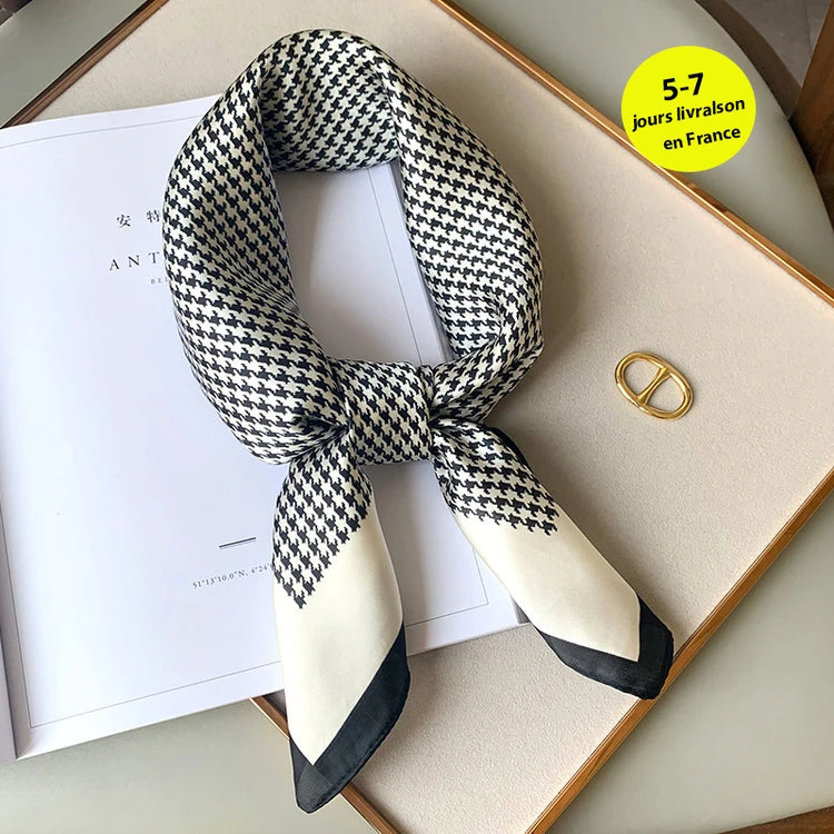 Luxury brand silk plaid square scarf for women, styled as a neck or hair tie