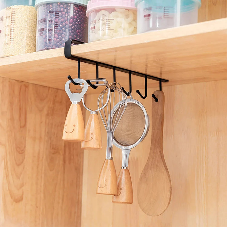 Space-saving coffee cup rack with six hooks for cabinet or shelf mounting