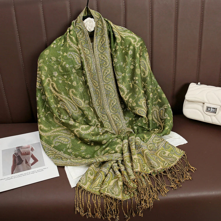 Soft and warm cashmere hijab with bohemian print, styled as a headscarf or wrap