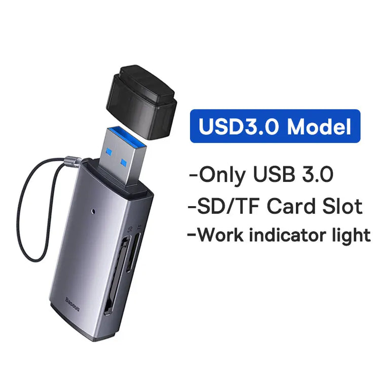 Dual-interface Baseus card reader with USB-C and USB 3.0 connectors