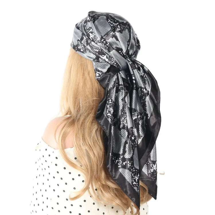 Luxury brand silk scarf for women, 90x90cm square, worn as a summer hijab or hair wrap