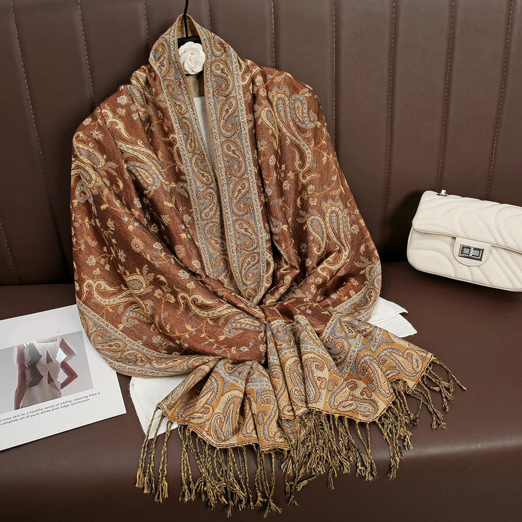 Soft and warm cashmere hijab with bohemian print, styled as a headscarf or wrap