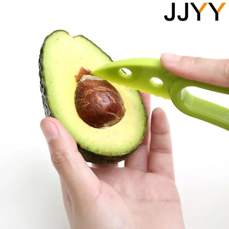 3-in-1 avocado slicer with serrated blade, pit remover, and fruit scooper