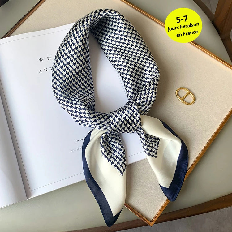 Luxury brand silk plaid square scarf for women, styled as a neck or hair tie