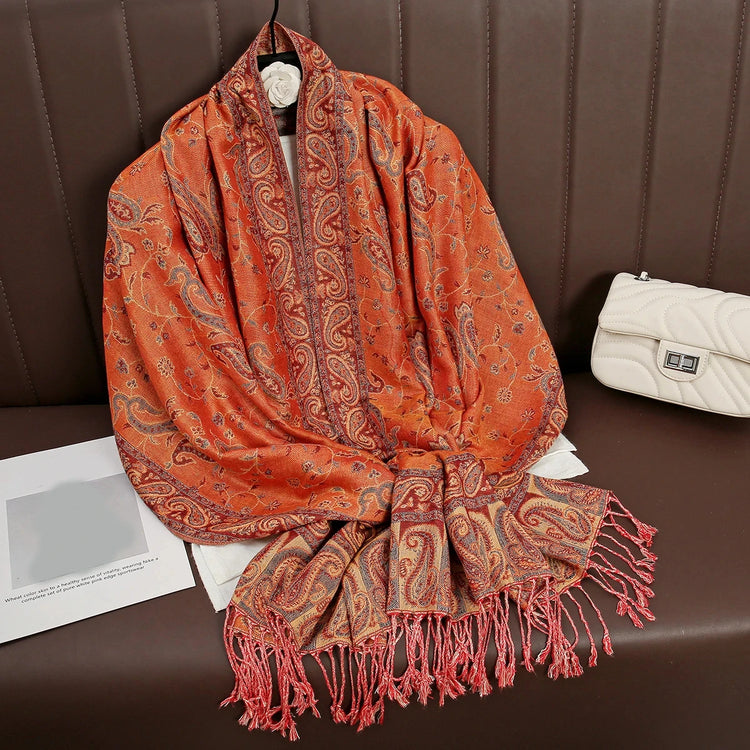 Soft and warm cashmere hijab with bohemian print, styled as a headscarf or wrap