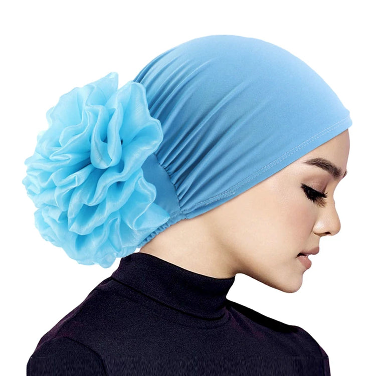 Elastic hair band turban for women, comfortable beanie style with flower accent