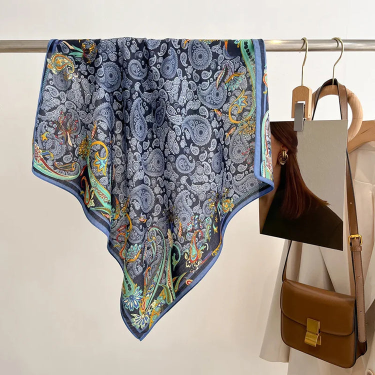 70cm square scarf for women with cashew print, breathable imitation silk fabric