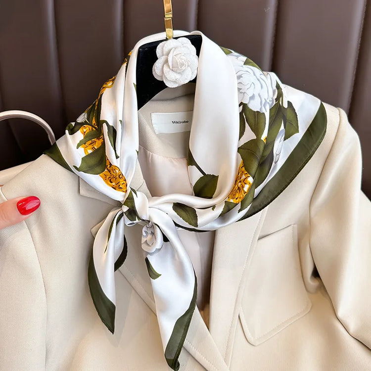 Luxury brand silk plaid square scarf for women, styled as a neck or hair tie