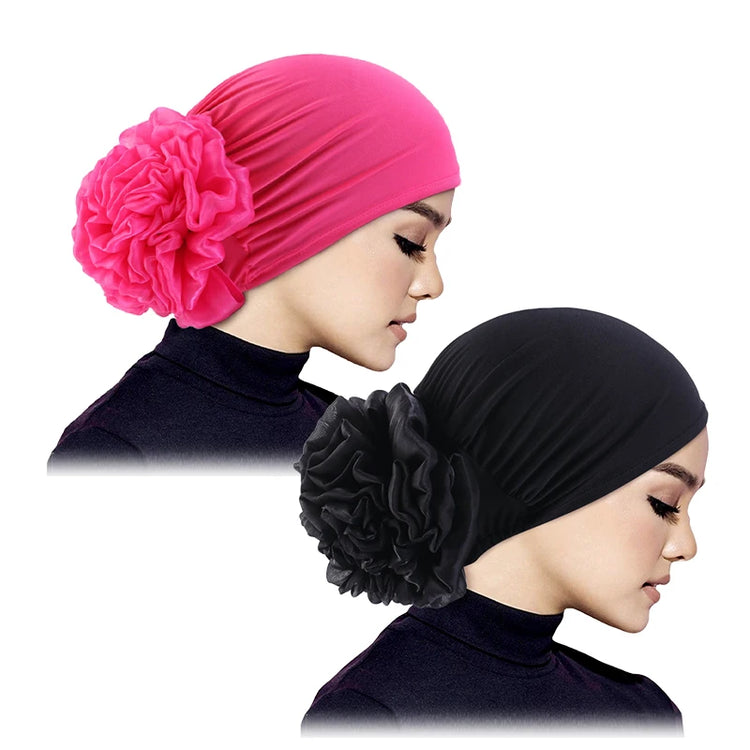 Elastic hair band turban for women, comfortable beanie style with flower accent