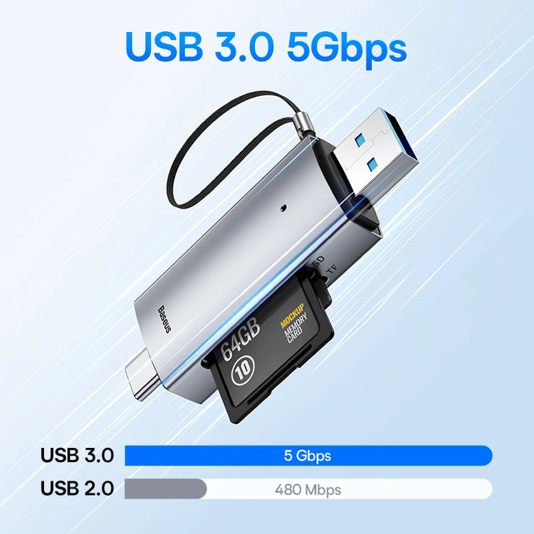 Dual-interface Baseus card reader with USB-C and USB 3.0 connectors