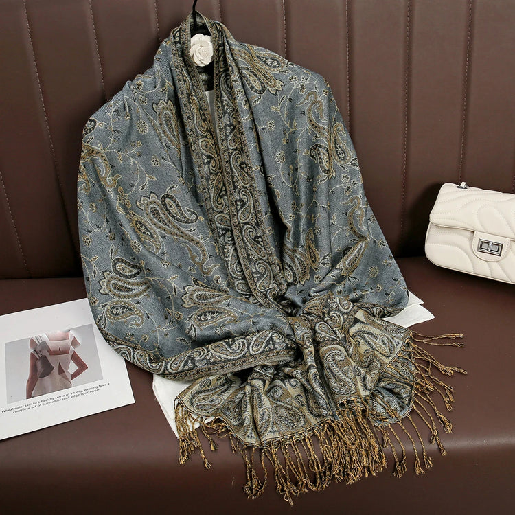 Soft and warm cashmere hijab with bohemian print, styled as a headscarf or wrap