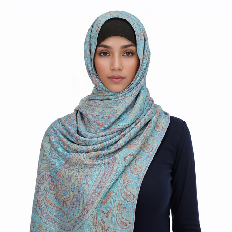 Soft and warm cashmere hijab with bohemian print, styled as a headscarf or wrap