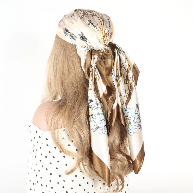 Luxury brand silk scarf for women, 90x90cm square, worn as a summer hijab or hair wrap
