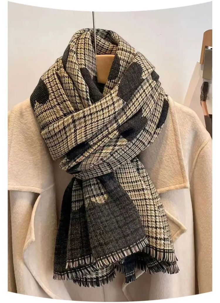 Double-side imitation cashmere scarf for women, thickened plaid design for winter warmth