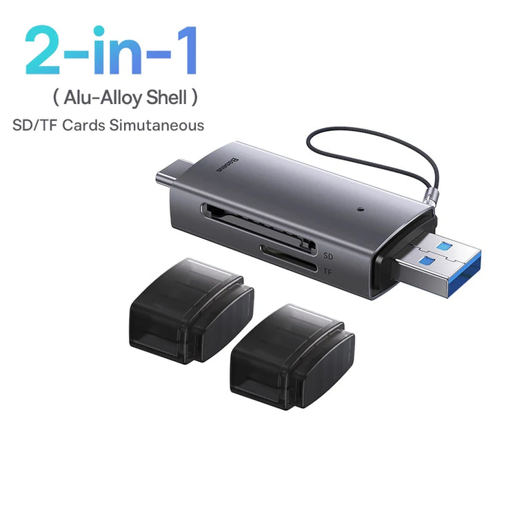 Dual-interface Baseus card reader with USB-C and USB 3.0 connectors