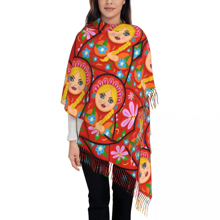 Soft and cozy scarf with colorful Matryoshka doll design