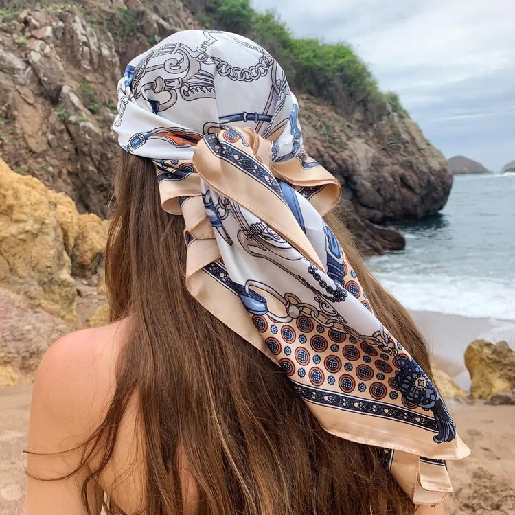 Luxury brand silk scarf for women, 90x90cm square, worn as a summer hijab or hair wrap
