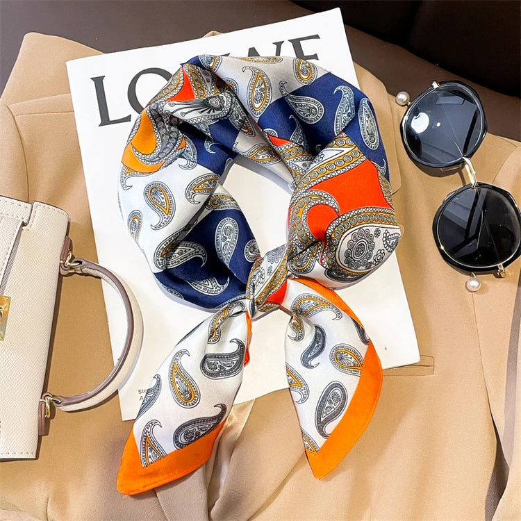 Luxury brand silk plaid square scarf for women, styled as a neck or hair tie