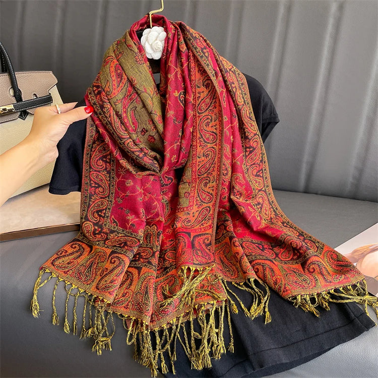 Soft and warm cashmere hijab with bohemian print, styled as a headscarf or wrap
