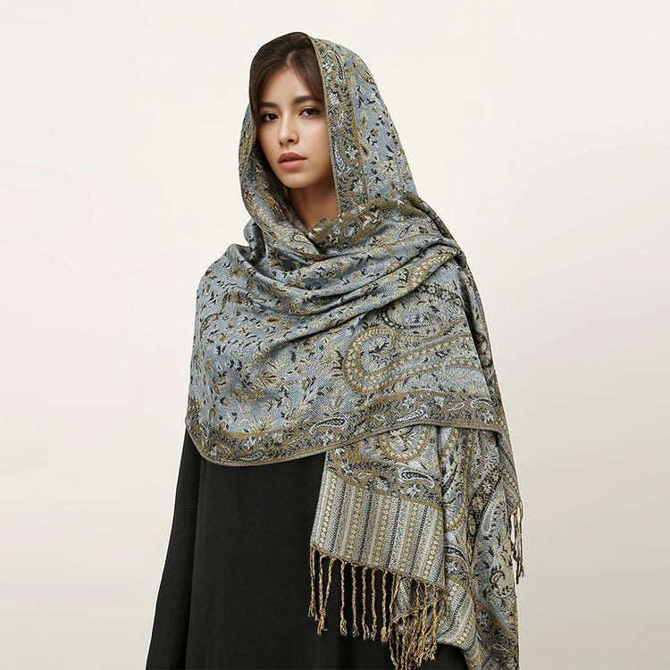 Soft and warm cashmere hijab with bohemian print, styled as a headscarf or wrap