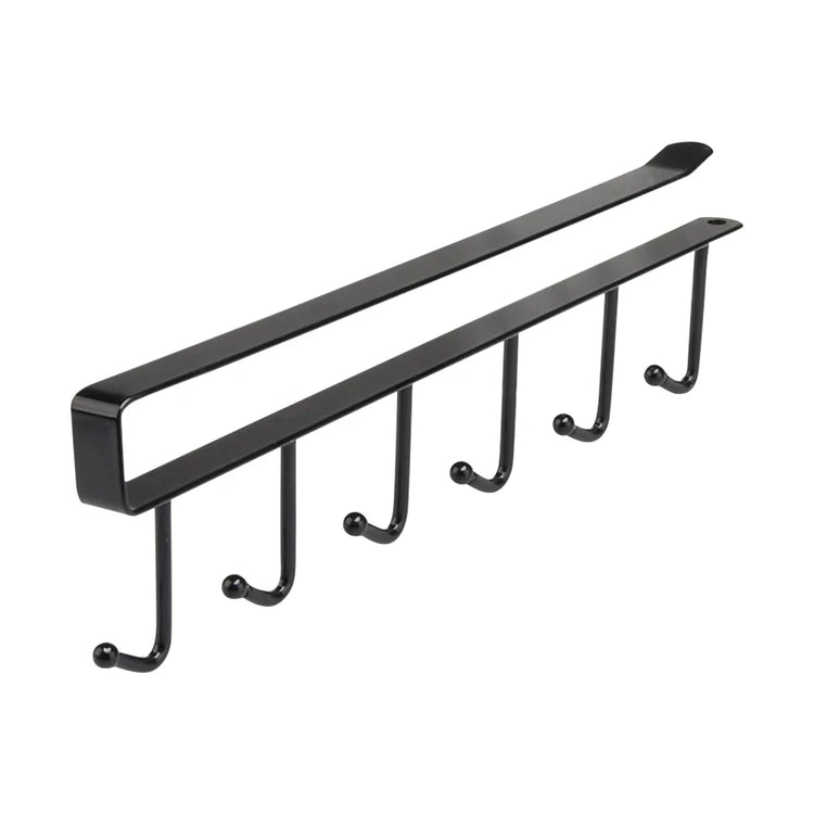 Space-saving coffee cup rack with six hooks for cabinet or shelf mounting