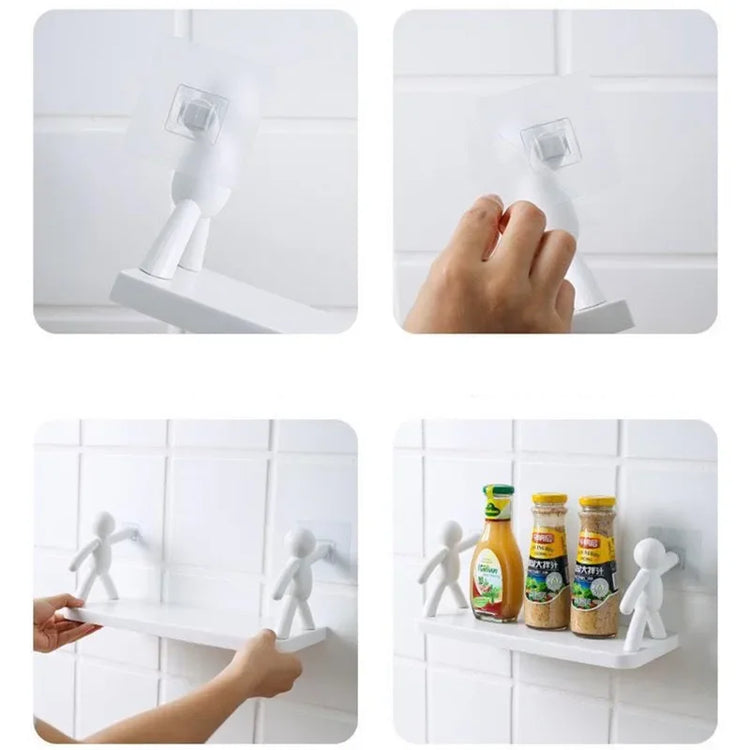 Self-adhesive plastic bathroom shelf for shampoo and towel storage