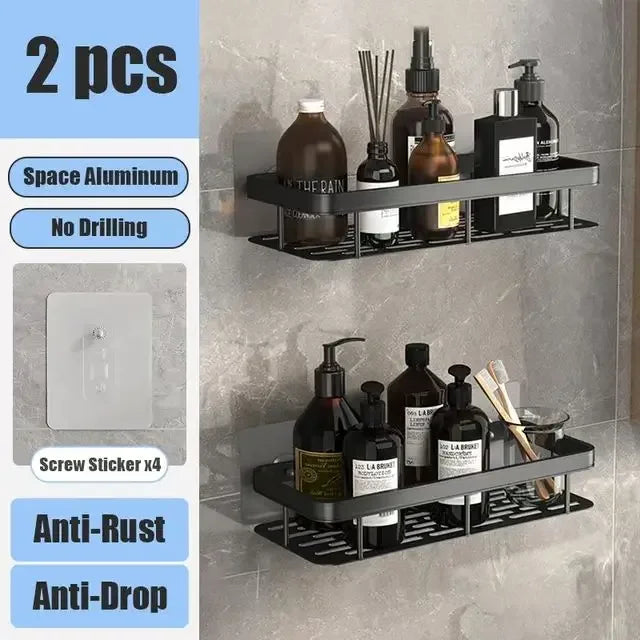 Waterproof aluminum shower shelf for organizing bath products without drilling