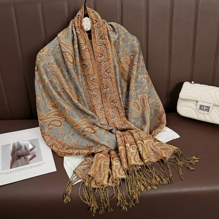 Soft and warm cashmere hijab with bohemian print, styled as a headscarf or wrap