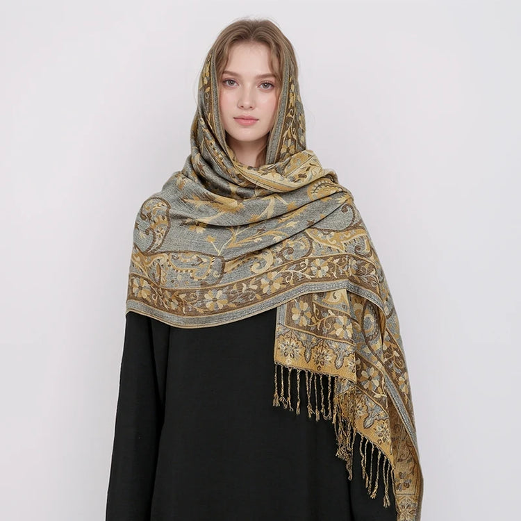 Soft and warm cashmere hijab with bohemian print, styled as a headscarf or wrap