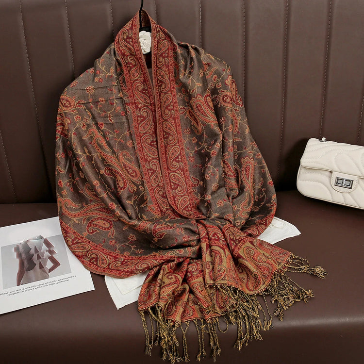 Soft and warm cashmere hijab with bohemian print, styled as a headscarf or wrap