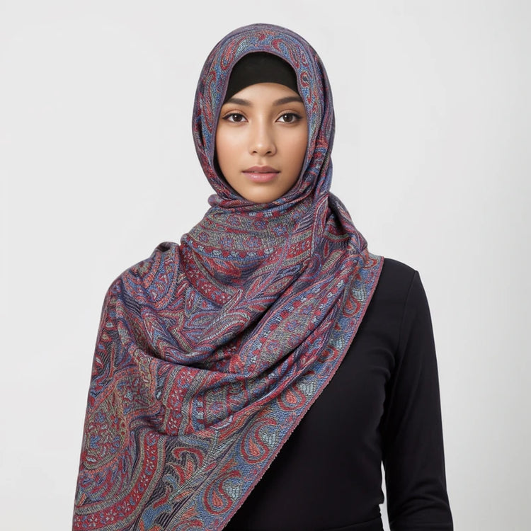 Soft and warm cashmere hijab with bohemian print, styled as a headscarf or wrap