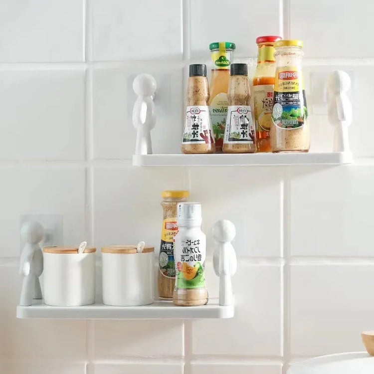 Self-adhesive plastic bathroom shelf for shampoo and towel storage