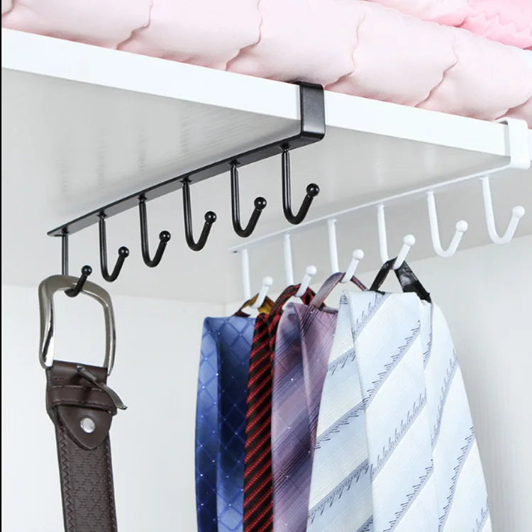 Space-saving coffee cup rack with six hooks for cabinet or shelf mounting