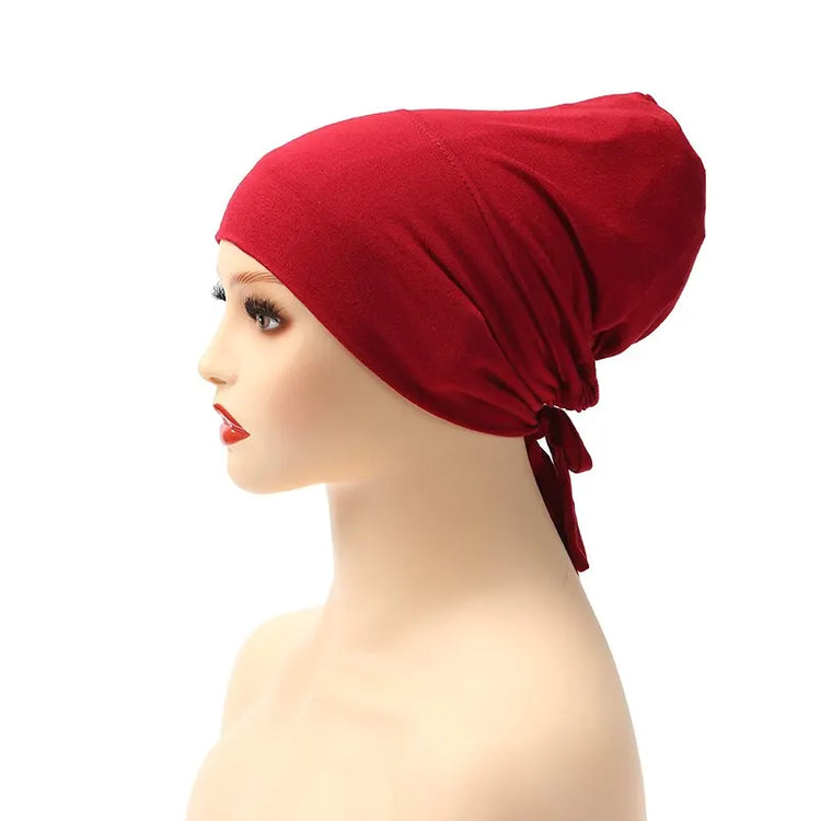 Soft elastic modal underscarf in beige, providing comfortable fit under hijabs for Muslim women