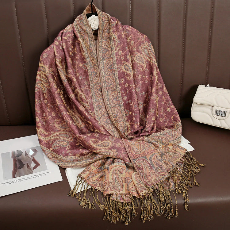 Soft and warm cashmere hijab with bohemian print, styled as a headscarf or wrap