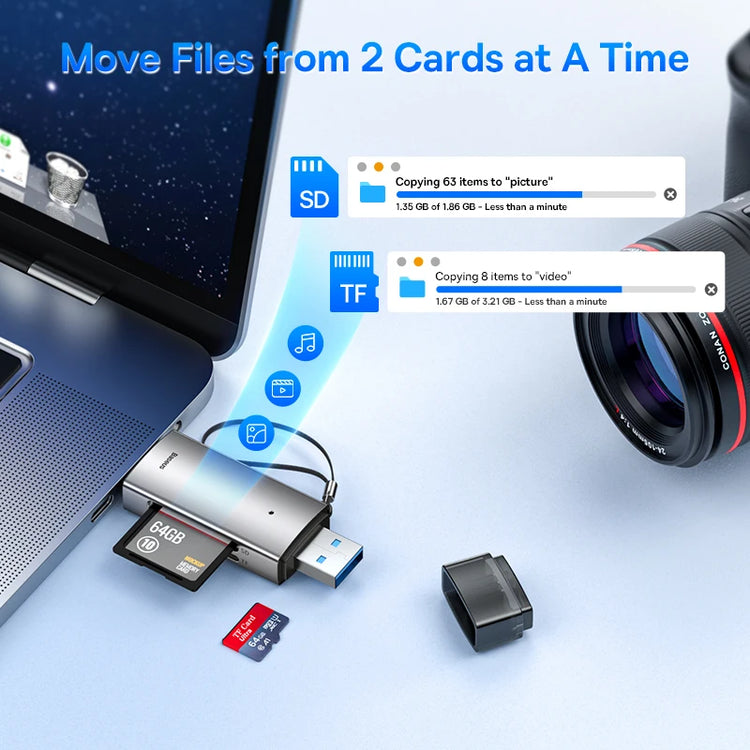 Dual-interface Baseus card reader with USB-C and USB 3.0 connectors