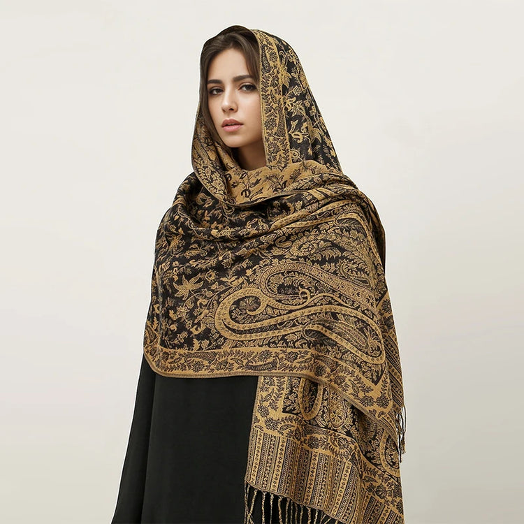 Soft and warm cashmere hijab with bohemian print, styled as a headscarf or wrap