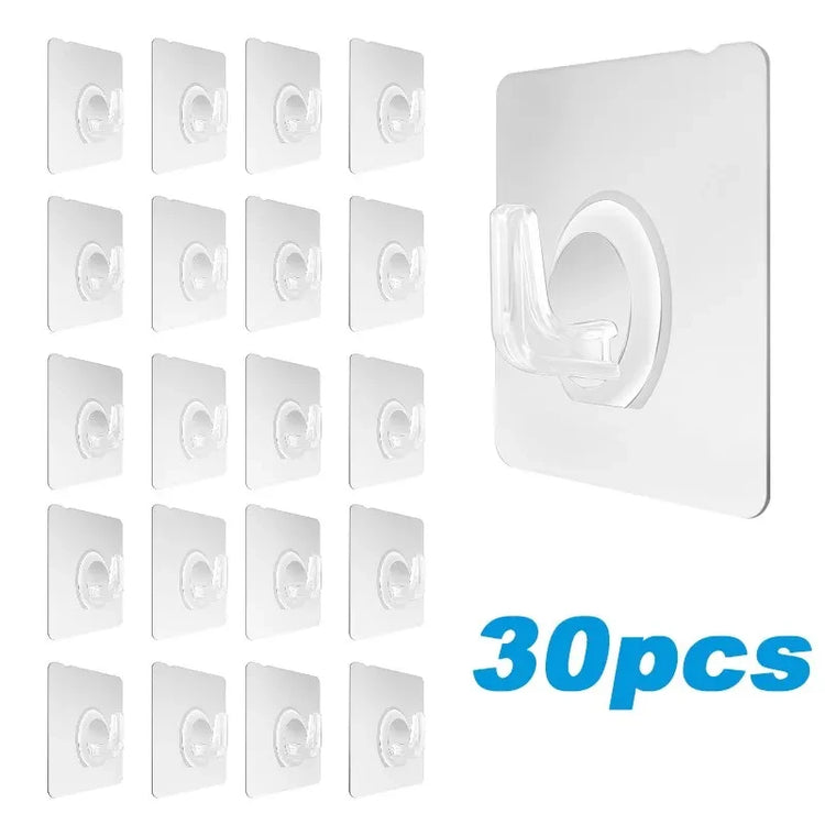 Set of 30 transparent self-adhesive wall hooks for keys, towels, and kitchen utensils