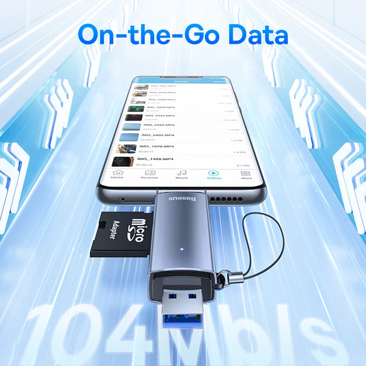 Dual-interface Baseus card reader with USB-C and USB 3.0 connectors