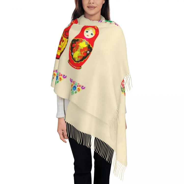 Soft and cozy scarf with colorful Matryoshka doll design