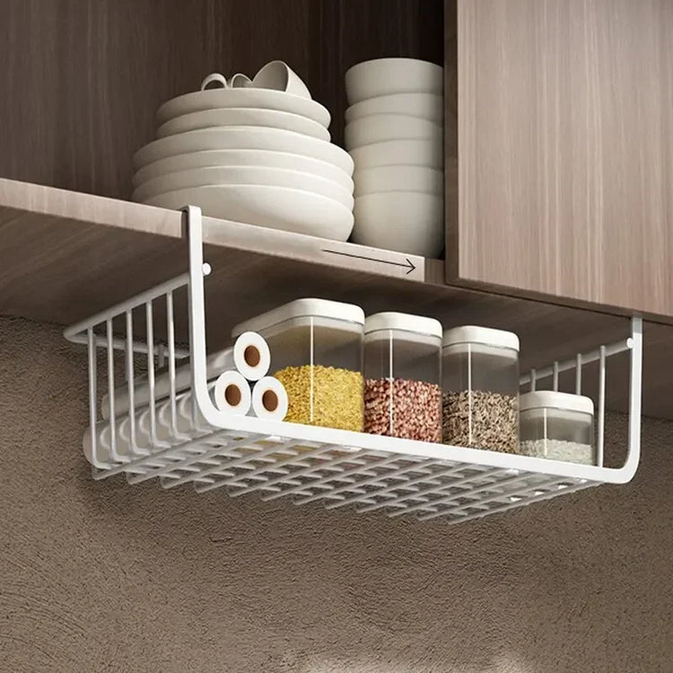 Large-capacity under-cabinet storage basket in white iron mesh